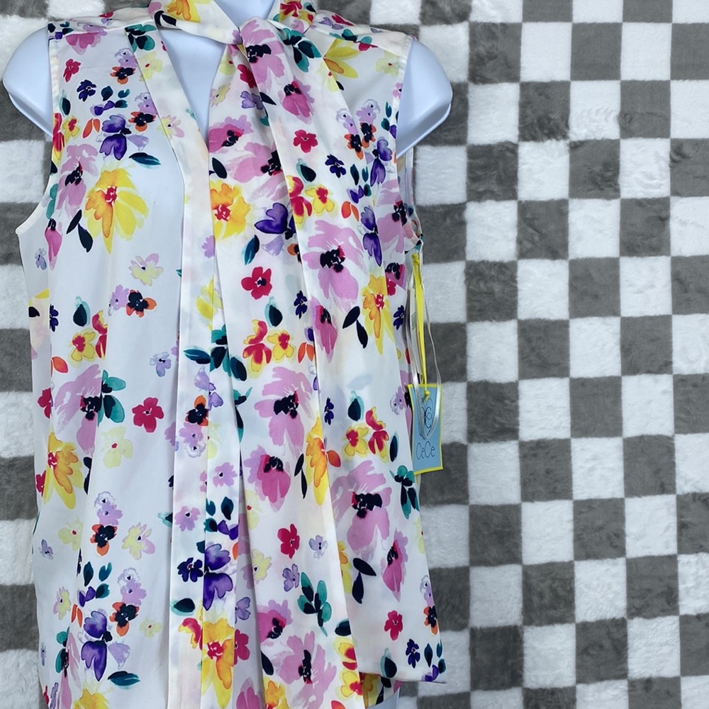 CeCe NWT sleeveless blouse floral watercolor neck scarf XS Romantic Voyage - Picture 4 of 8